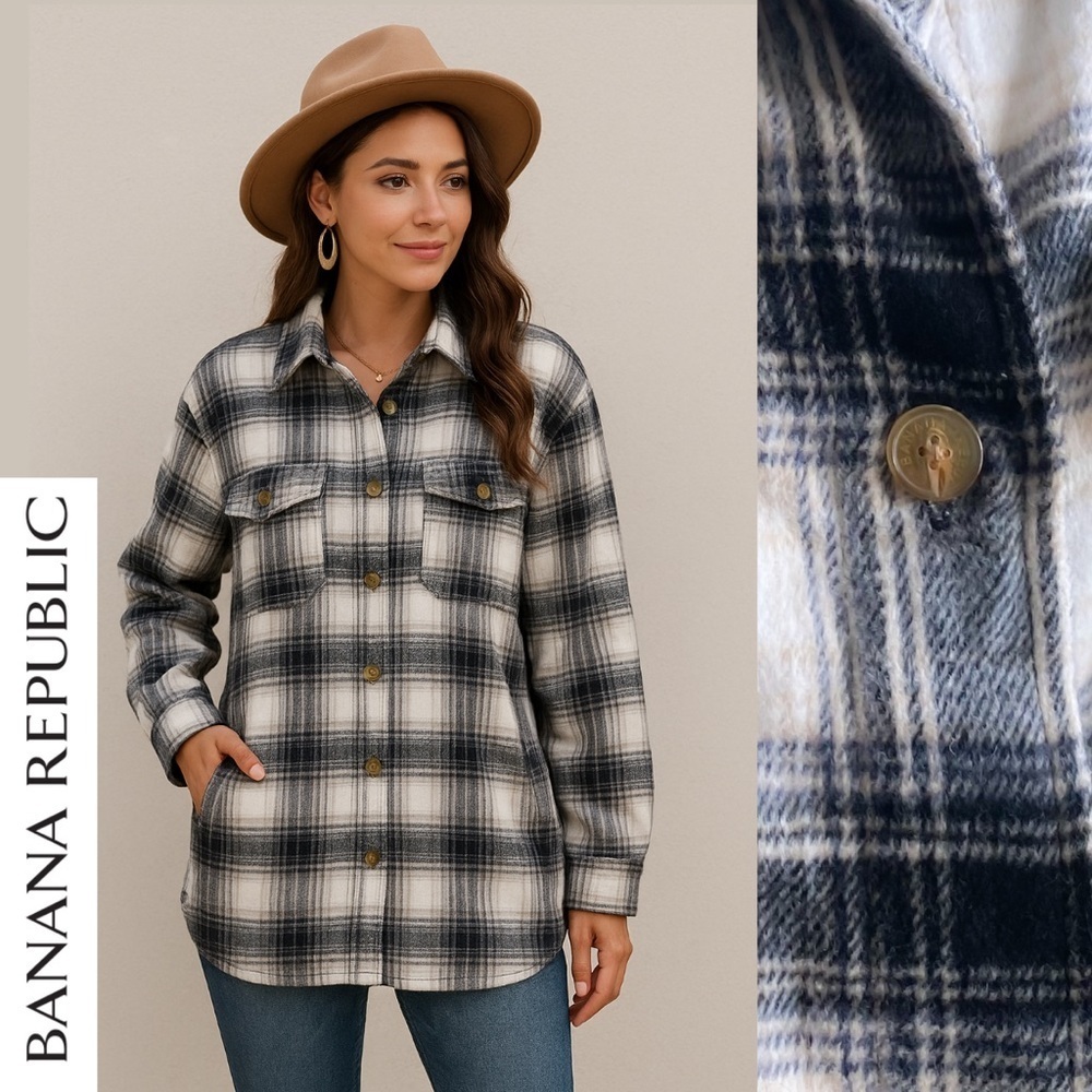 Banana Republic Check Plaid Shacket Shirt Jacket Oversized Relaxed Western Boho